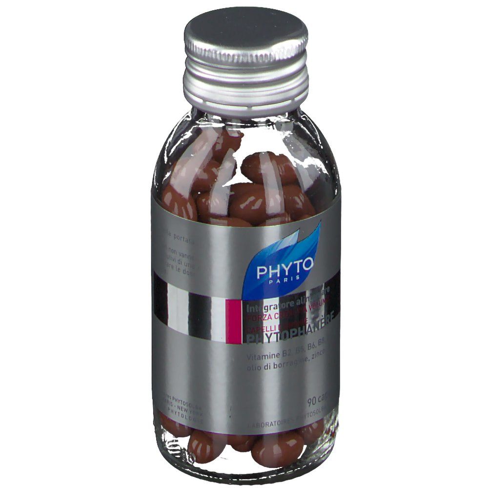 Flacone in vetro con capsule marroni. Tappo argentato. Scritta: PHYTO PARIS, PHYTOPHANERE, Integratore alimentare (integratore alimentare).