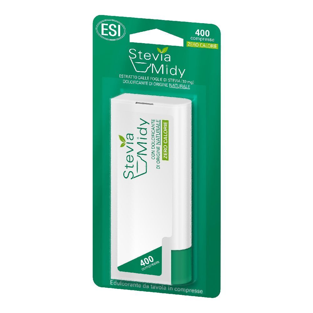 ESI Stevia Midy. Erogatore di compresse bianco in confezione verde. 400 compresse. Logo ESI.