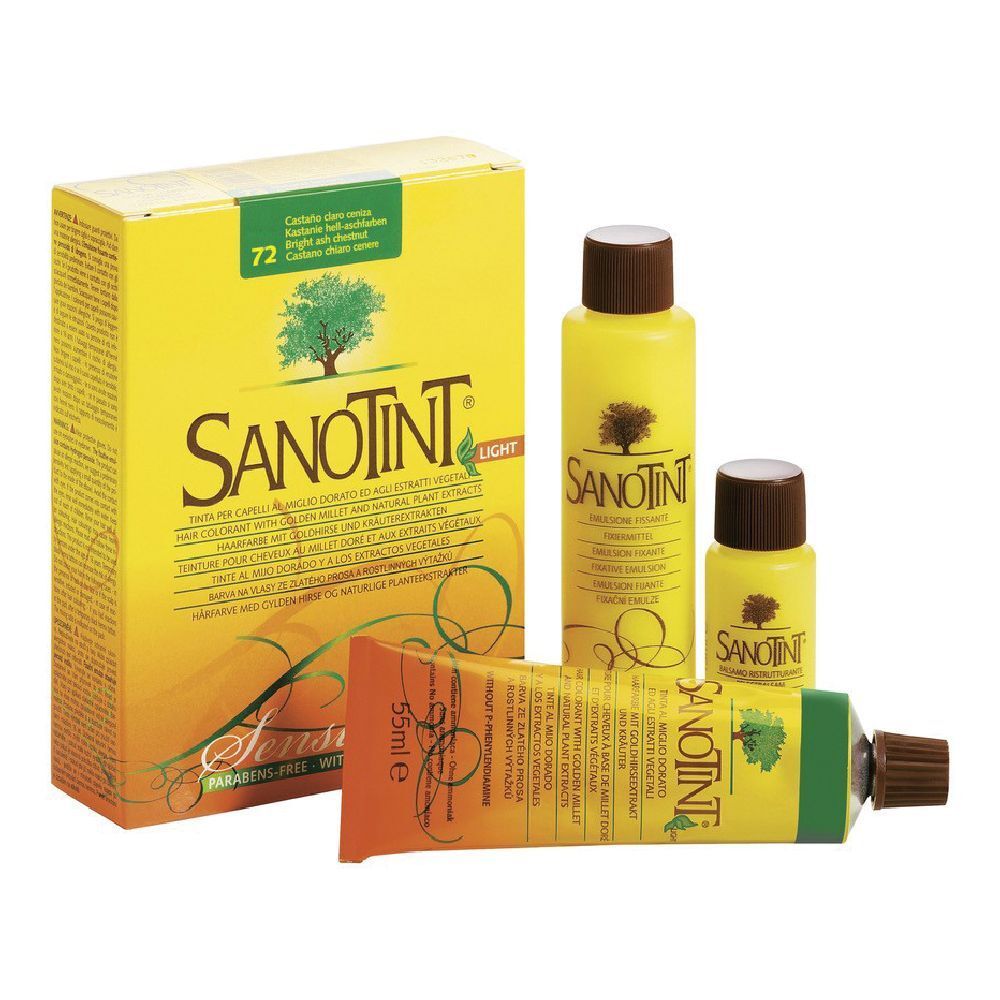 Scatola e tubi gialli. Scritta: Sanotint Light, 72, 55ml. Contiene flaconi.