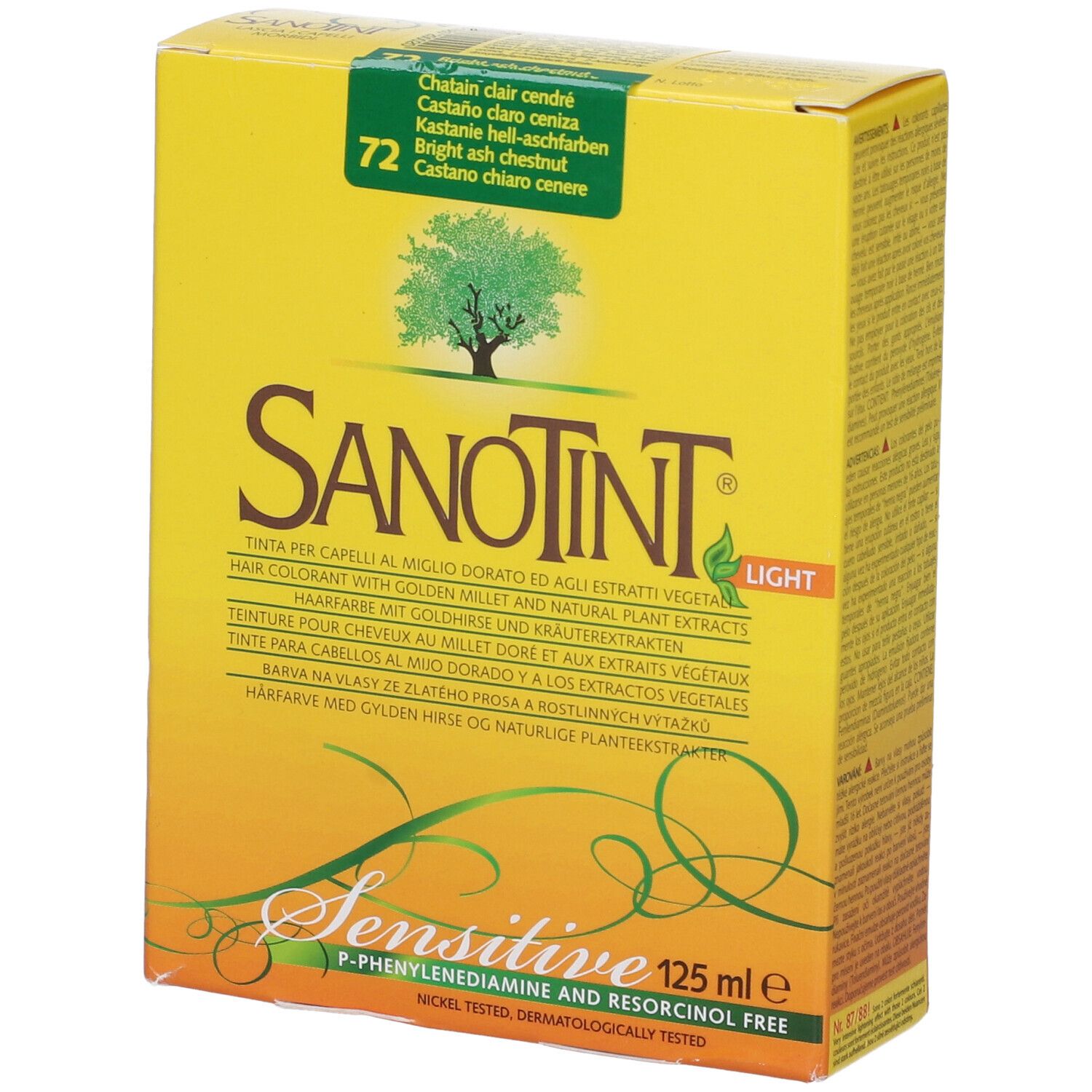 Scatola gialla con scritta: Sanotint Light, 72, 125ml. Contiene testo e logo.