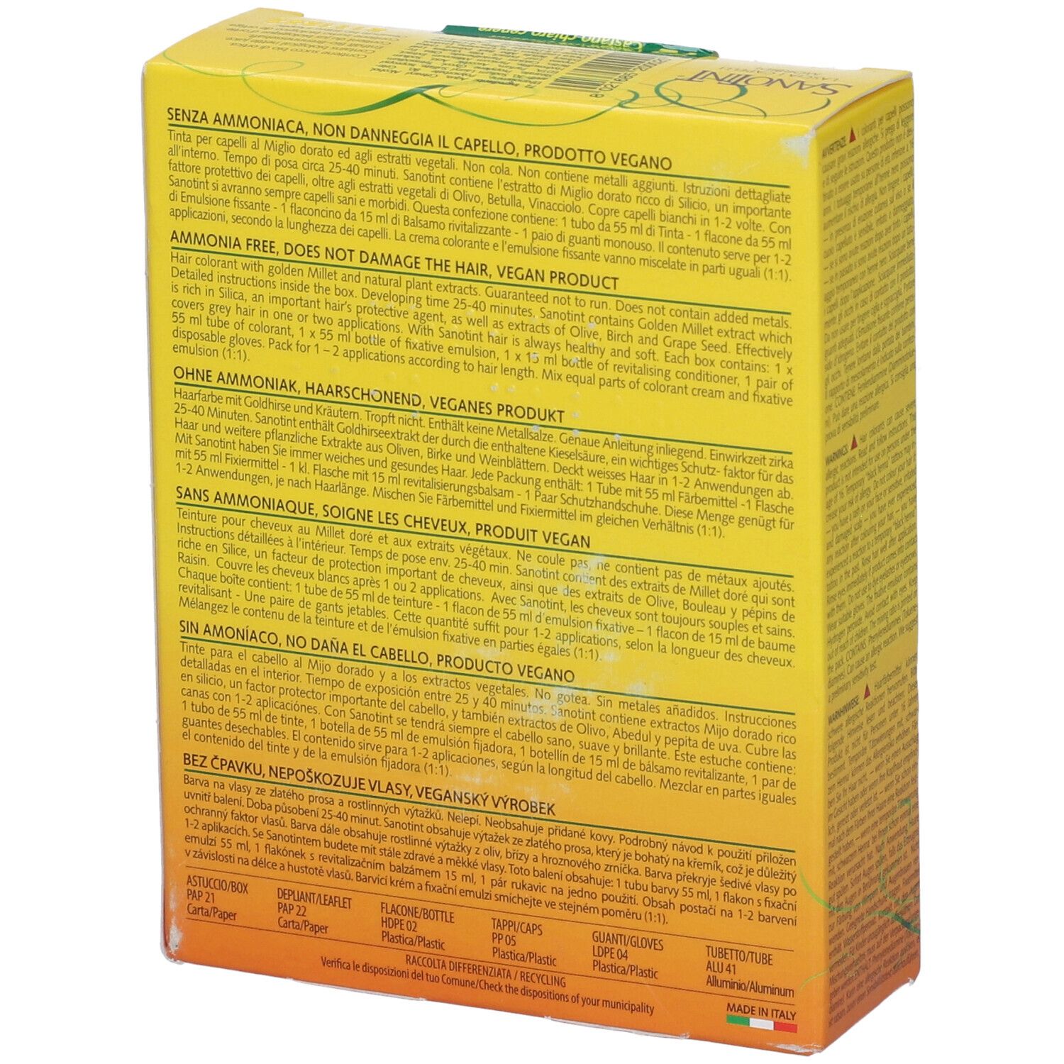 Scatola gialla con testo. Retro con informazioni sul contenuto e produttore.