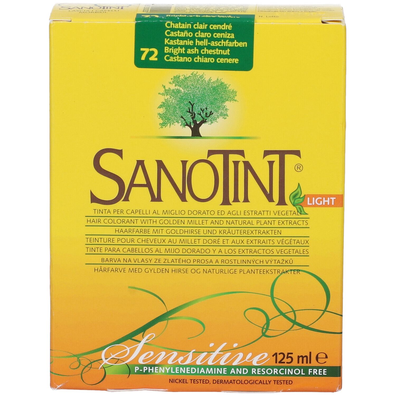 Scatola gialla con scritta: Sanotint Light, 72, 125ml. Contiene testo e logo.