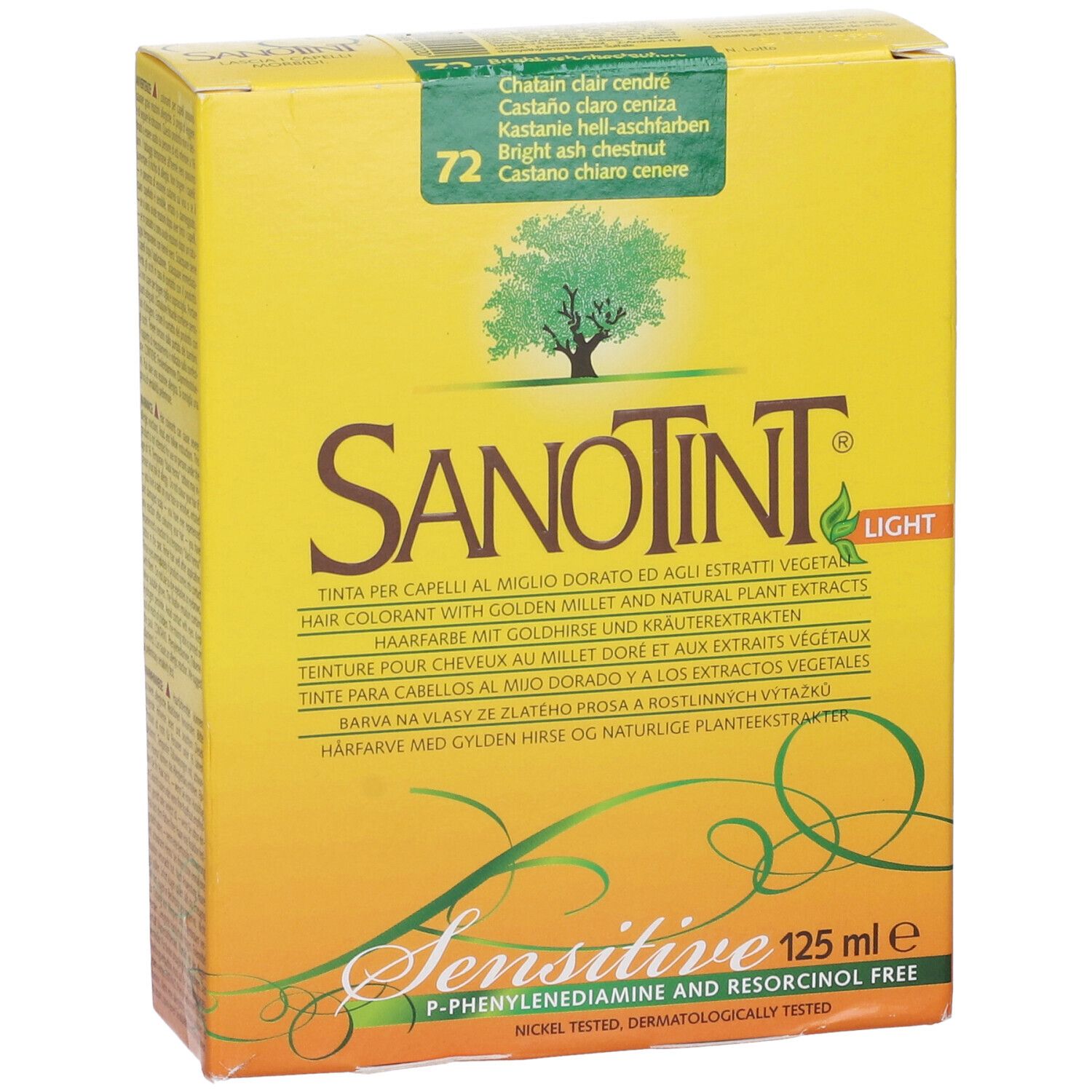 Scatola gialla con scritta: Sanotint Light, 72, 125ml. Contiene testo e logo.