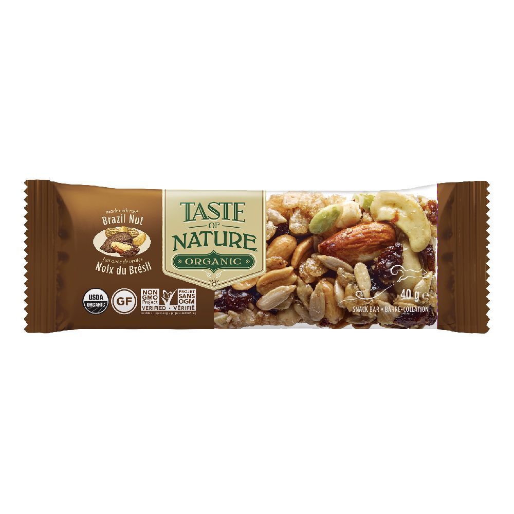 Barretta con noci e semi in confezione marrone. Scritta: Taste of Nature Organic. Sigillo biologico USDA.