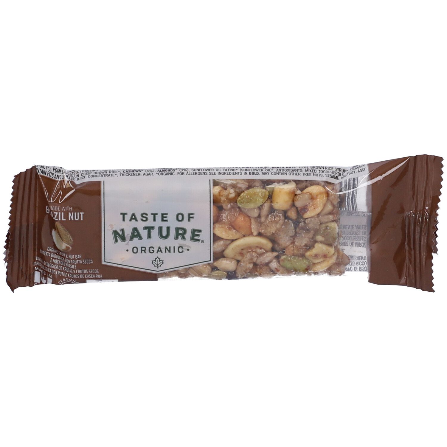 Barretta con noci e semi in confezione marrone. Scritta: Taste of Nature Organic. Ingredienti visibili.