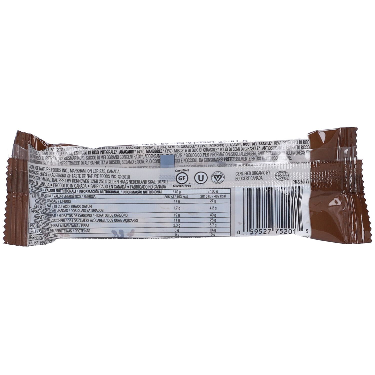 Retro della confezione della barretta. Contiene informazioni nutrizionali e codice a barre. Certificazioni: GF, USDA Organic.