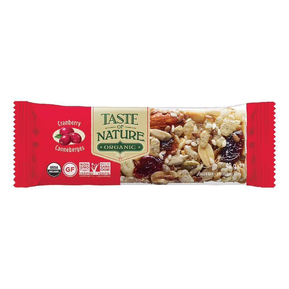 Barretta in confezione rossa. Scritta: Taste of Nature Organic. Gusto mirtilli rossi. Con marchio bio e senza glutine.