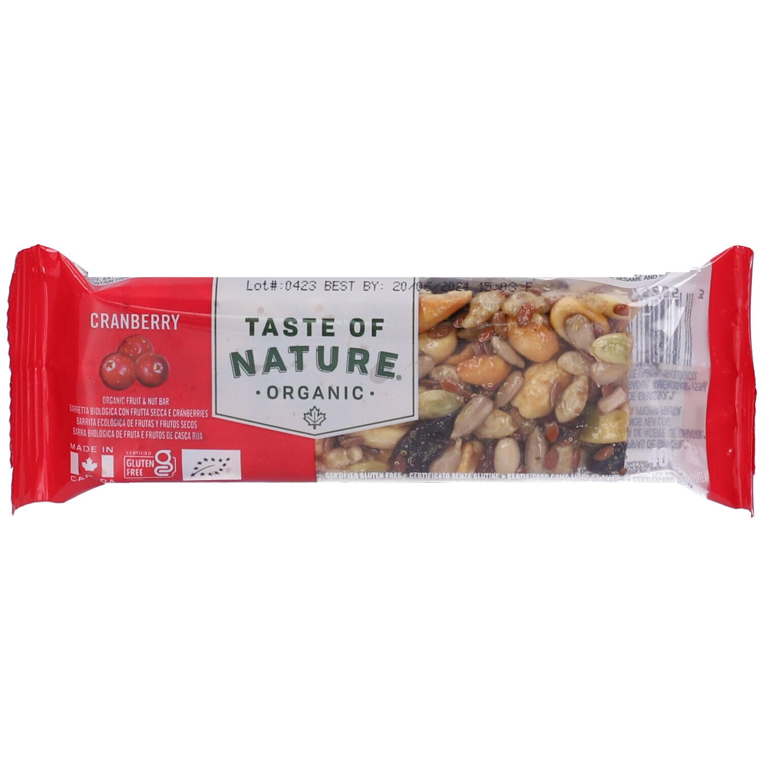 Barretta rossa in confezione trasparente. Scritta: Taste of Nature Organic. Gusto mirtilli rossi. Con marchio bio.