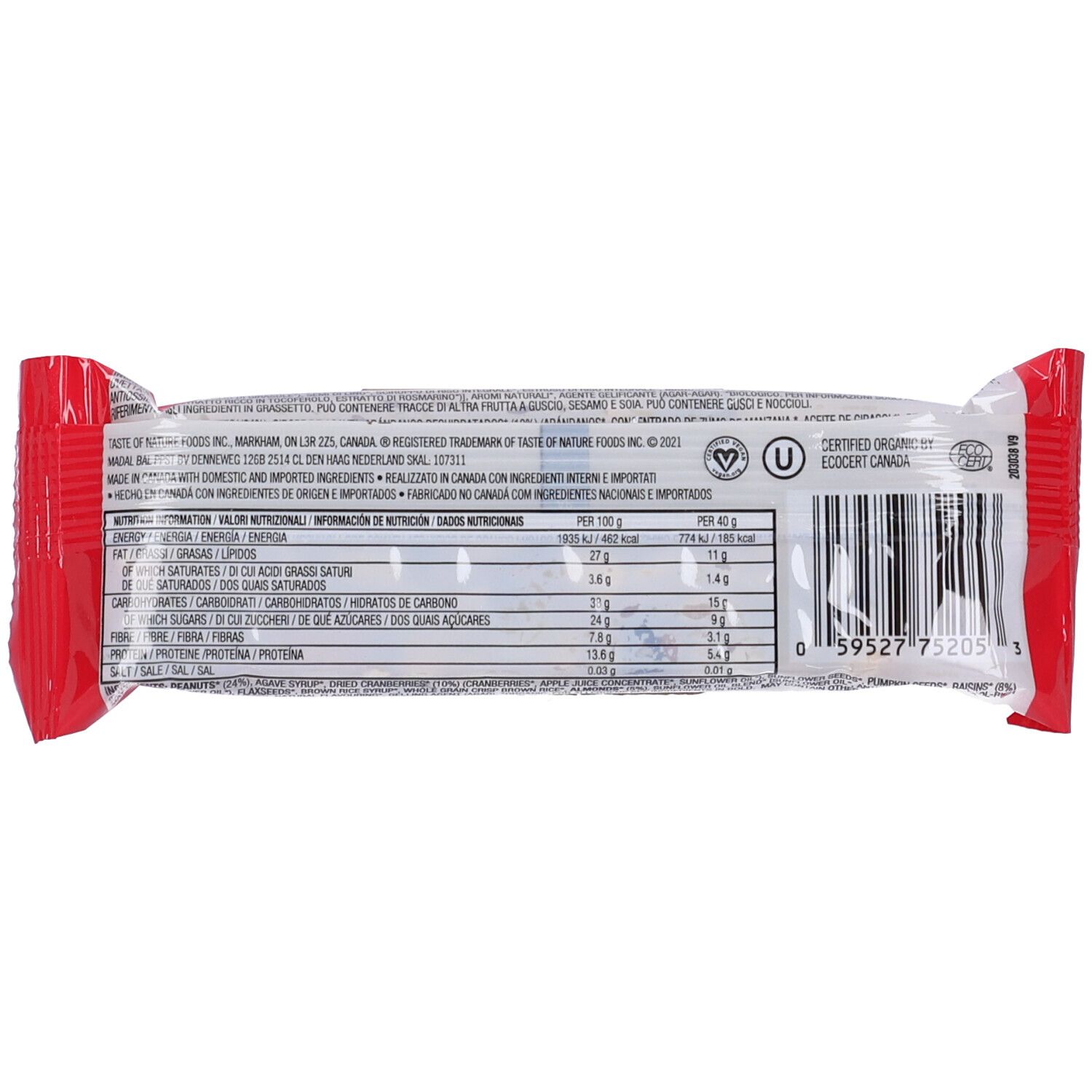 Retro barretta in confezione rossa. Informazioni nutrizionali e certificazioni. Scritta: Taste of Nature Organic.