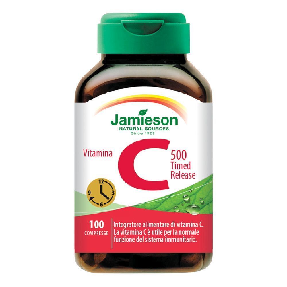 Flacone marrone di vitamina C. Tappo verde. Scritta: Jamieson, Vitamina C 500 Timed Release.
