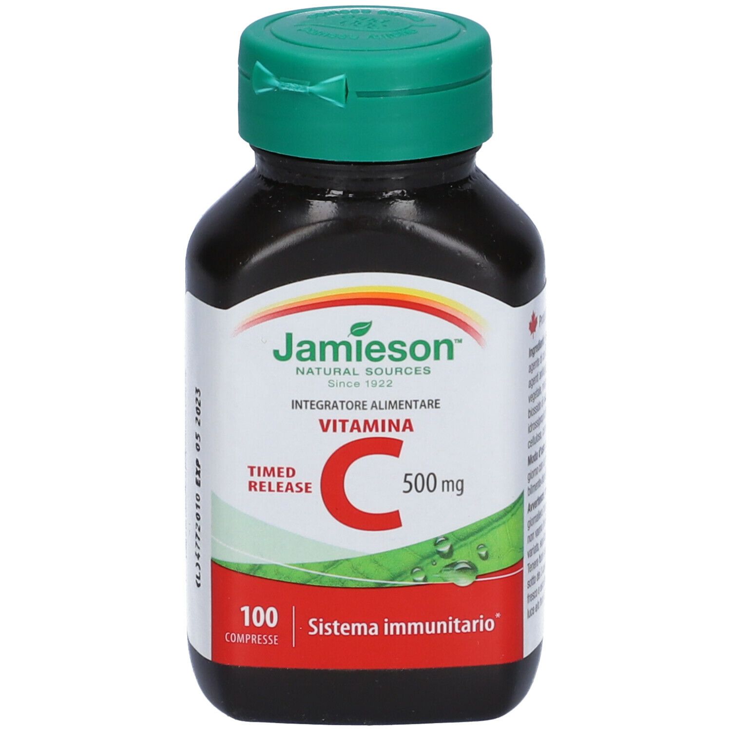 Flacone marrone di vitamina C. Tappo verde. Scritta: Jamieson, Vitamina C 500 mg.