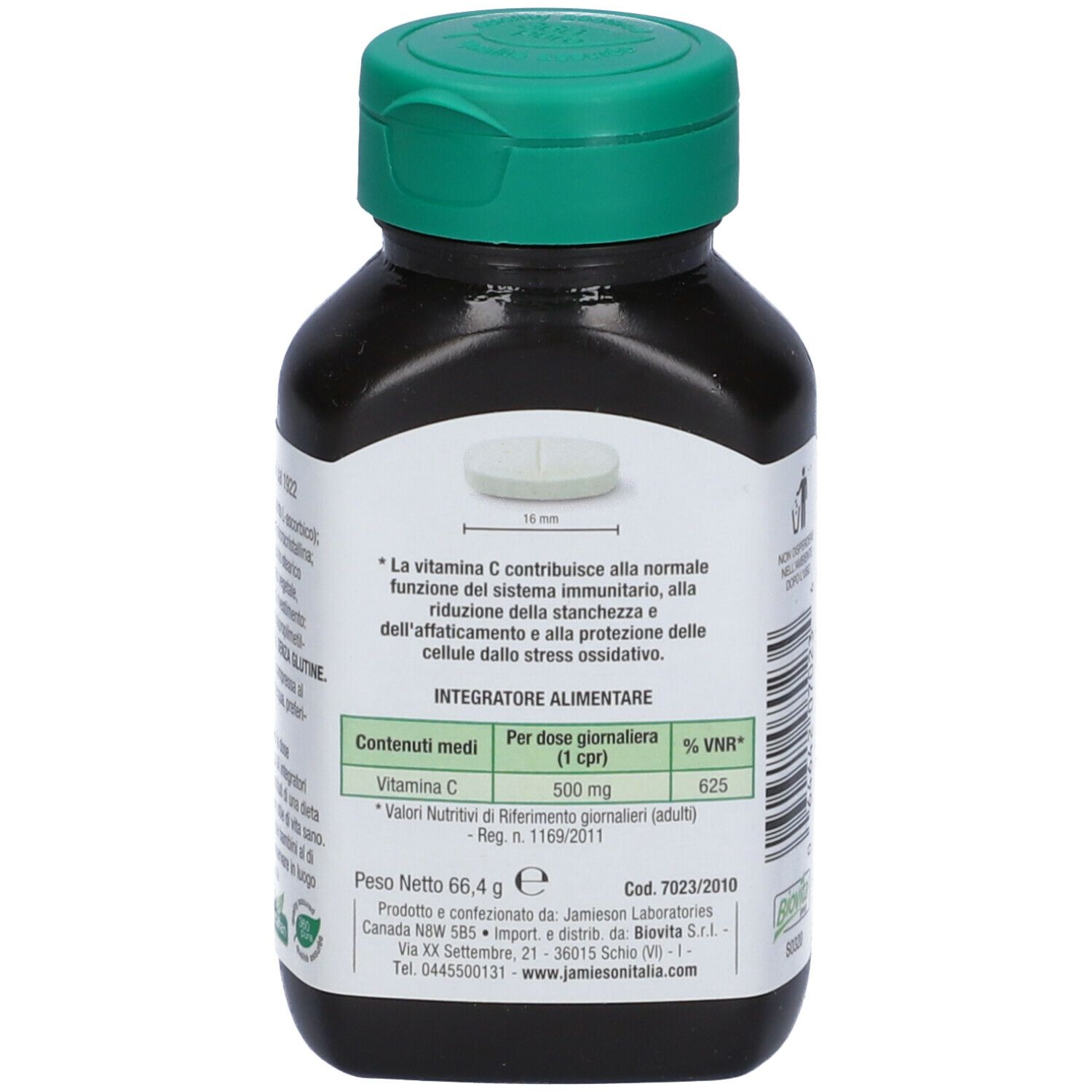 Retro di un flacone marrone di vitamina C. Tappo verde. Testo: informazioni nutrizionali, ingredienti, Jamieson.