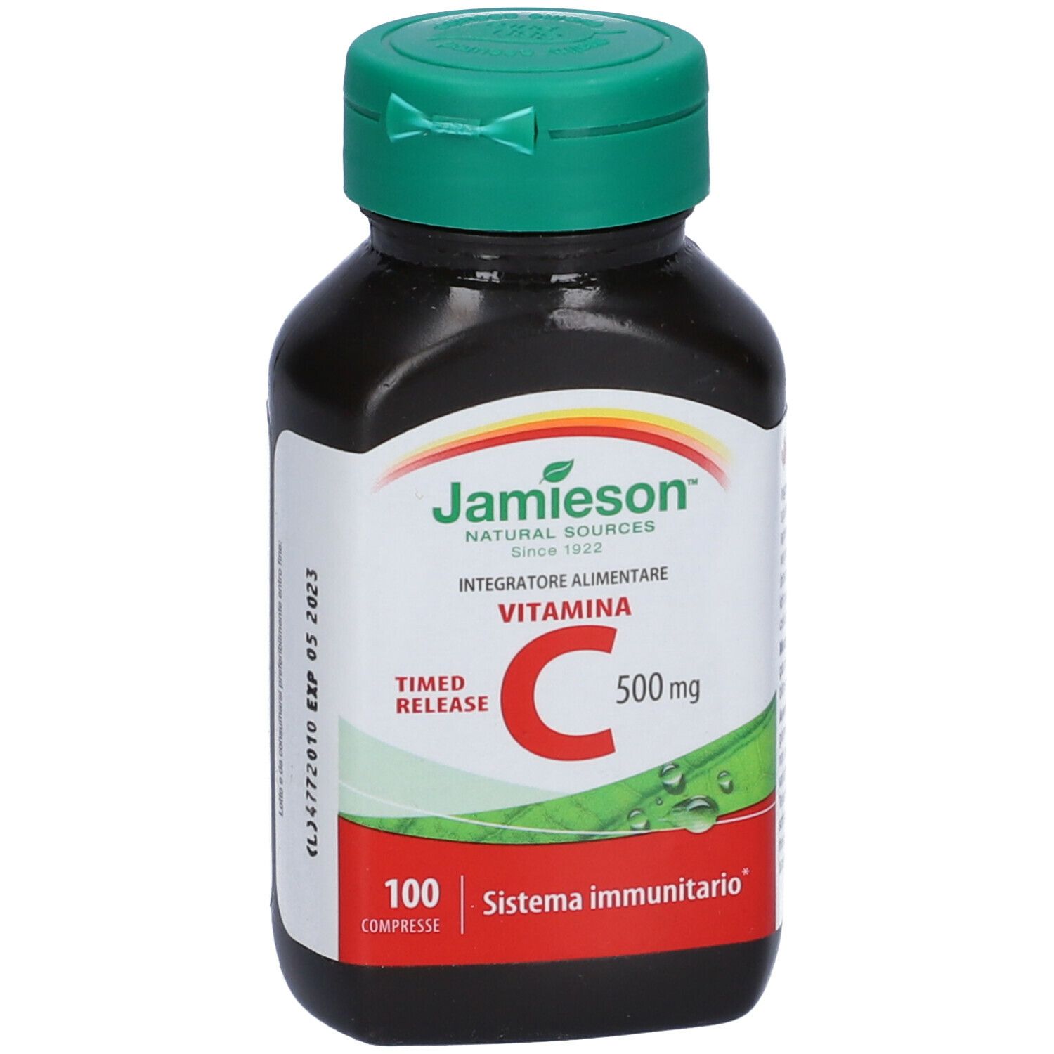 Flacone marrone di vitamina C. Tappo verde. Scritta: Jamieson, Vitamina C 500 mg.