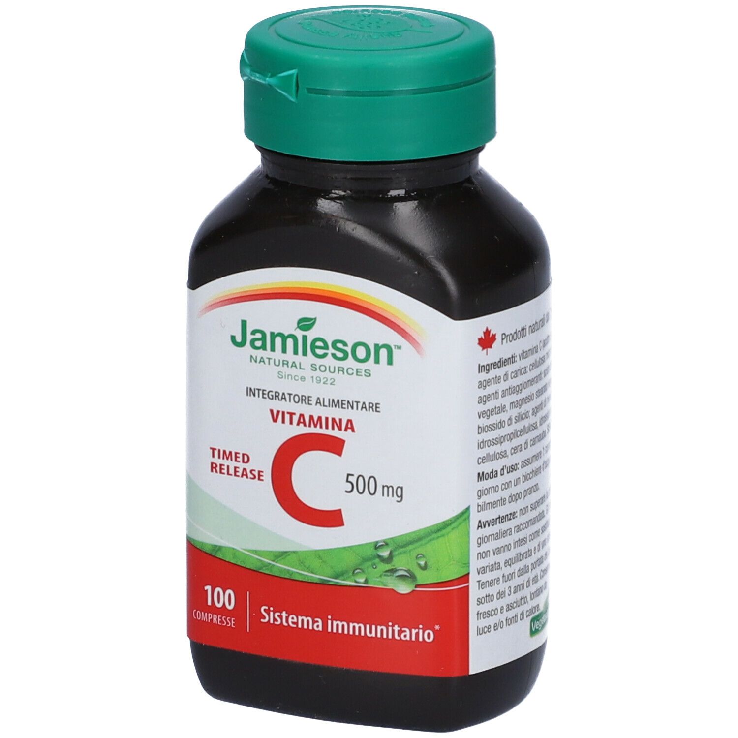 Flacone marrone di vitamina C. Tappo verde. Scritta: Jamieson, Vitamina C 500 mg.