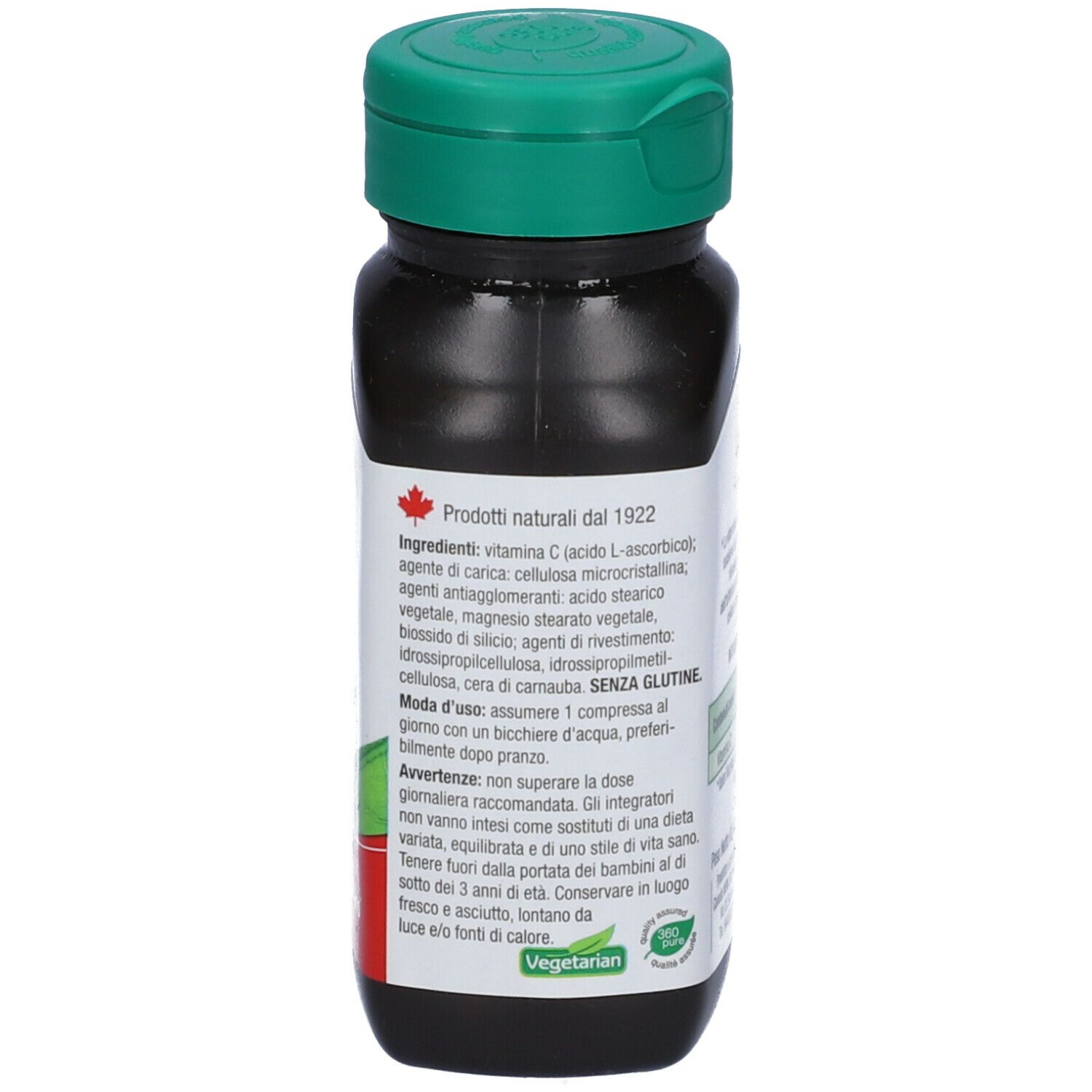 Retro di un flacone marrone di vitamina C. Tappo verde. Scritta: ingredienti, vegetariano.