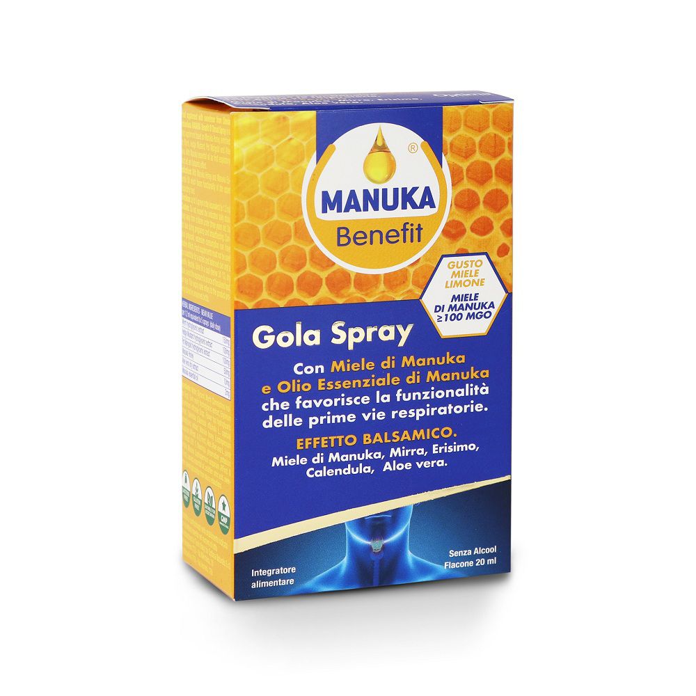 Manuka Benefit Gola Spray Karton mit Honigwaben-Design und Sprühflasche.