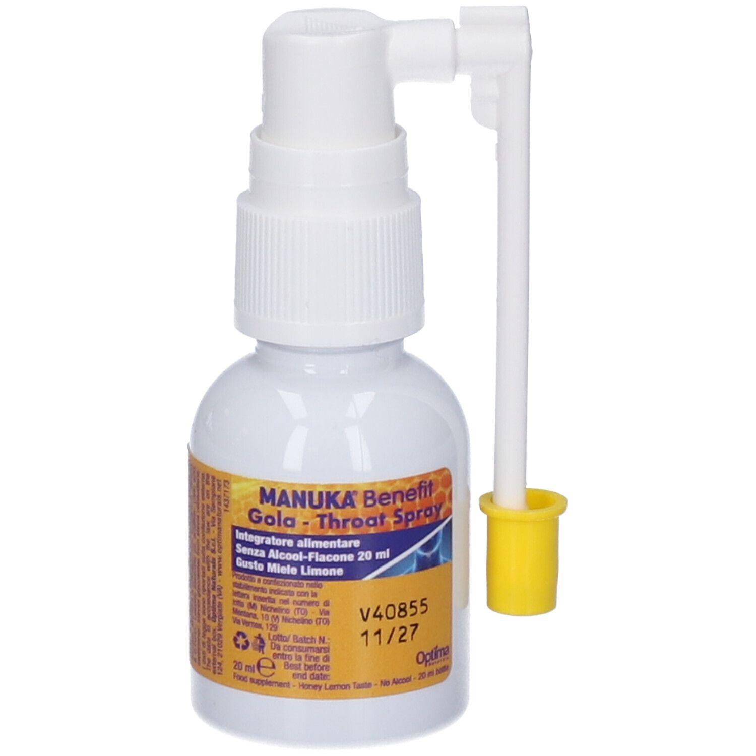 Weißes Fläschchen mit Sprühkopf und gelber Spitze. Beschriftung: MANUKA Benefit Gola - Throat Spray. Mitgelieferter Sprühaufsatz.