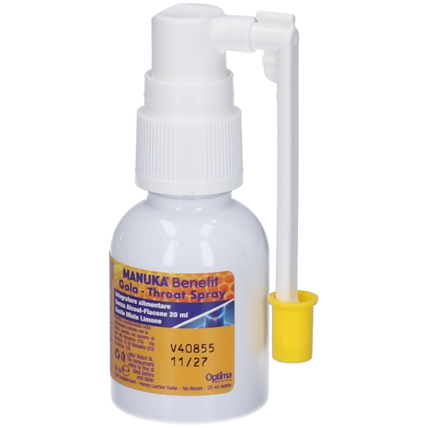 Weißes Fläschchen mit Sprühkopf und gelber Spitze. Beschriftung: MANUKA Benefit Gola - Throat Spray. Nahaufnahme.