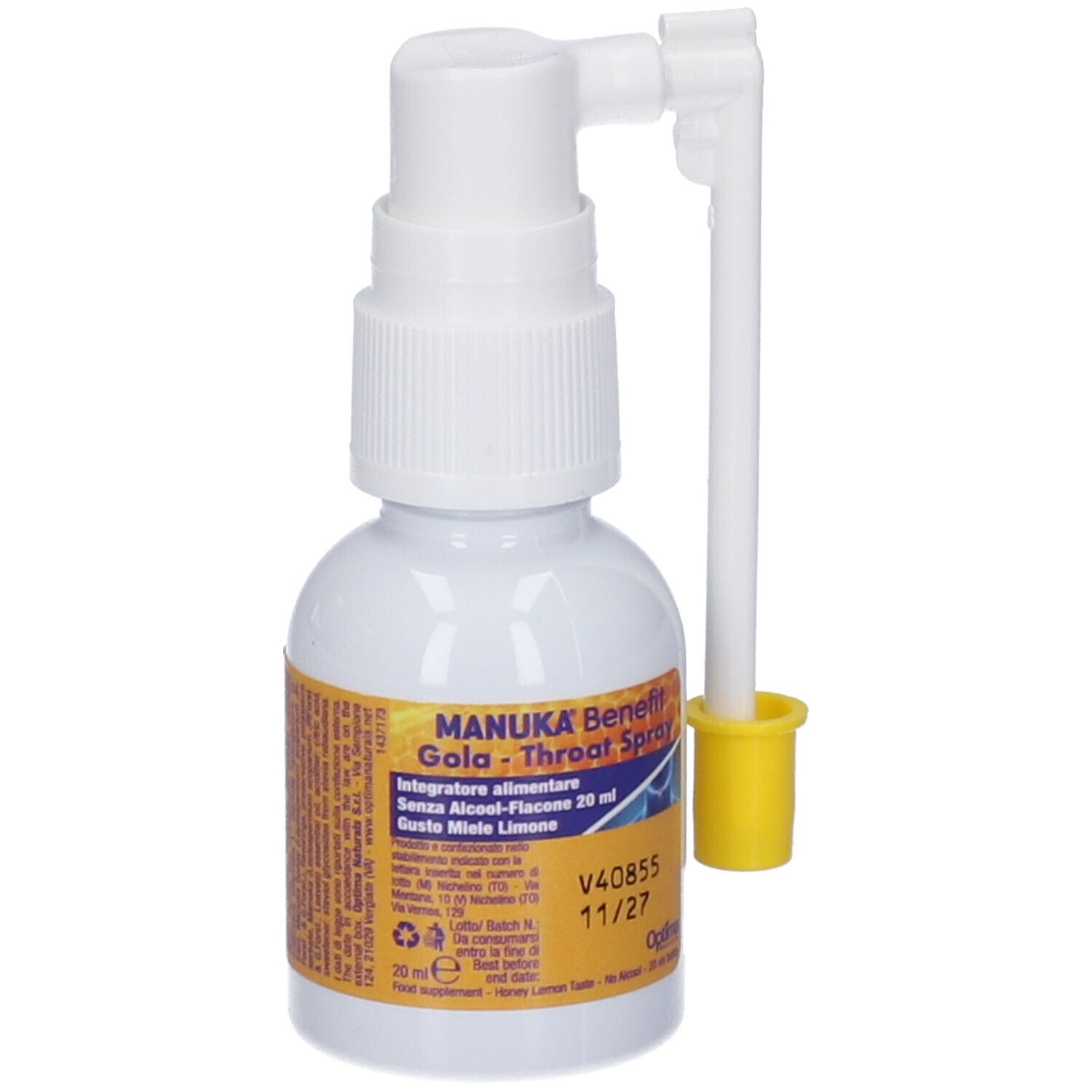 Weißes Fläschchen mit Sprühkopf und gelber Spitze. Beschriftung: MANUKA Benefit Gola - Throat Spray. Nahaufnahme.