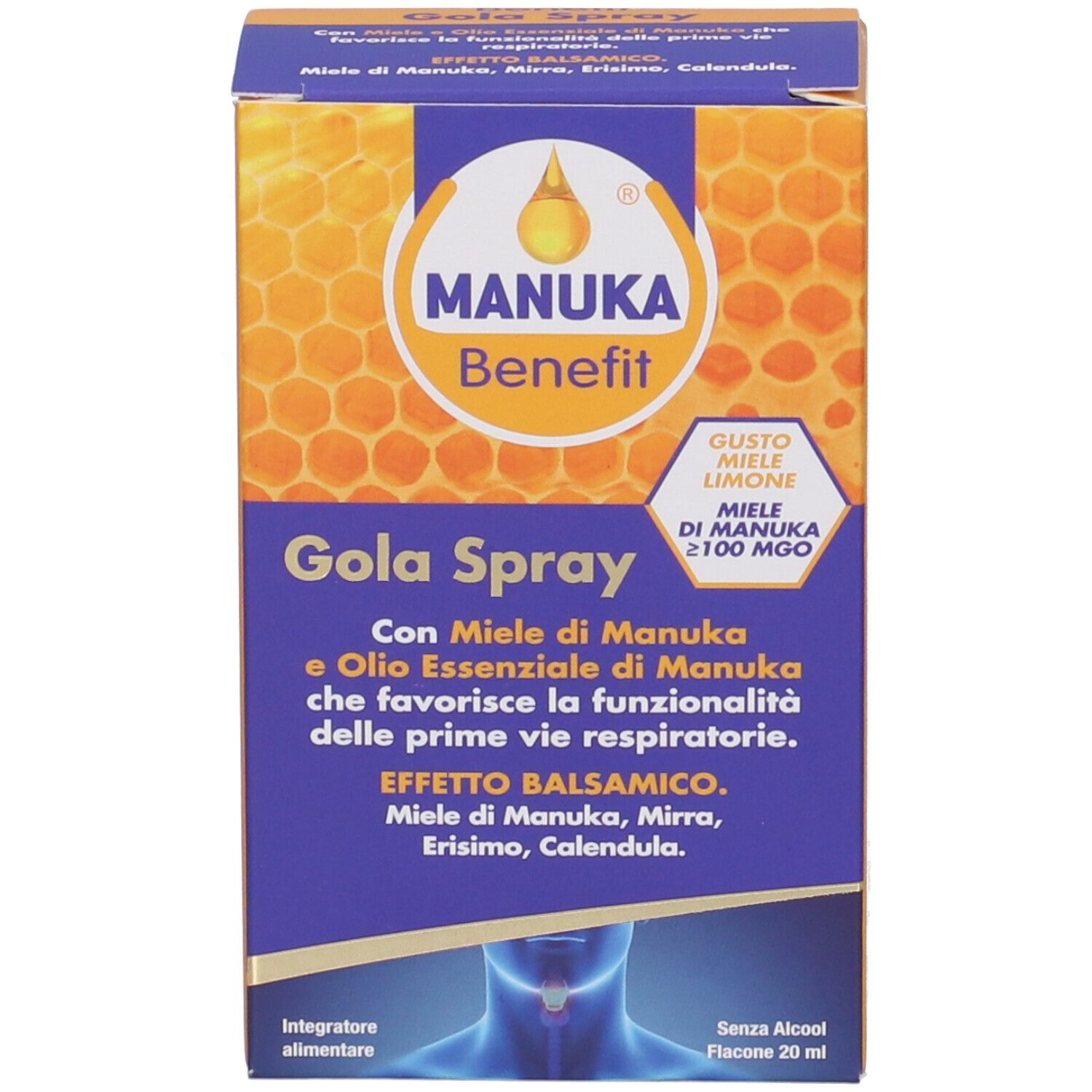 Produktverpackung. Karton mit Produktnamen: MANUKA Benefit Gola Spray. Design mit Bienenwaben und Produktinformationen.