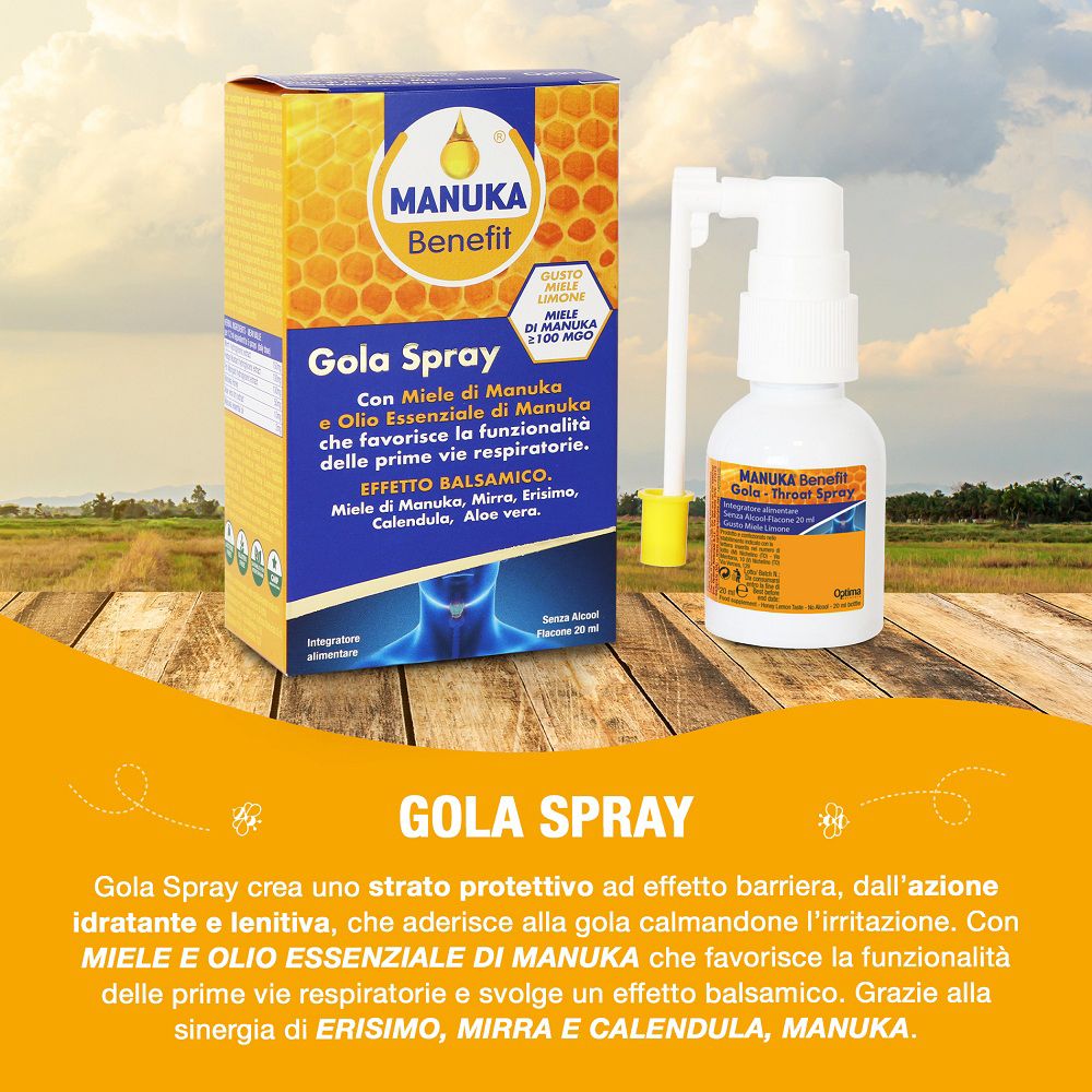 Manuka Benefit Gola Spray Karton und Sprühflasche auf holzigem Hintergrund.