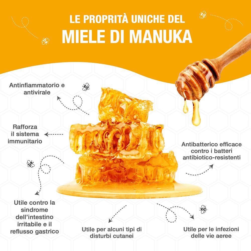 Manuka Honig Waben mit Tropfen und Text über seine Eigenschaften.