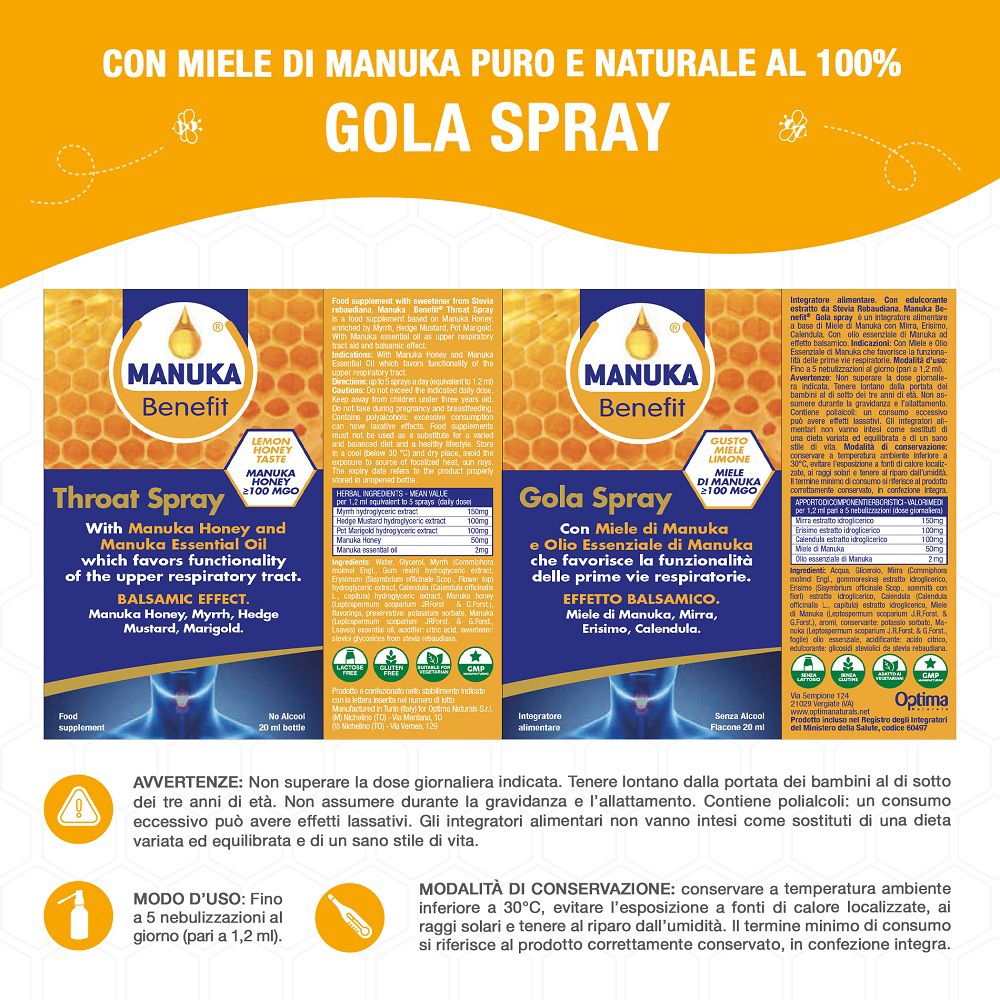 Drei Manuka Benefit Gola Spray Kartons mit detaillierten Informationen.