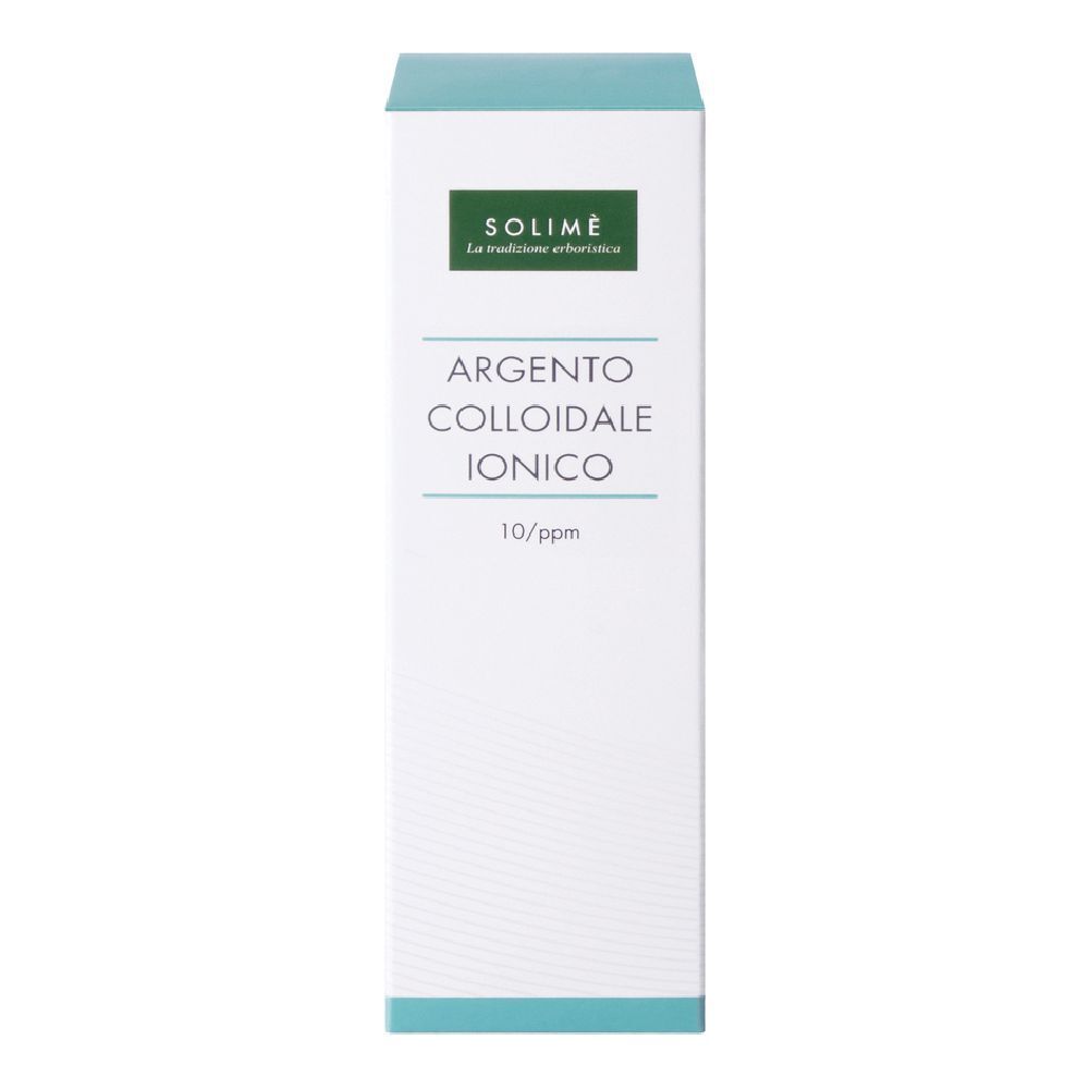 Confezione bianca con logo verde e testo: Argento Colloidale Ionico. 10/ppm. Solimè.