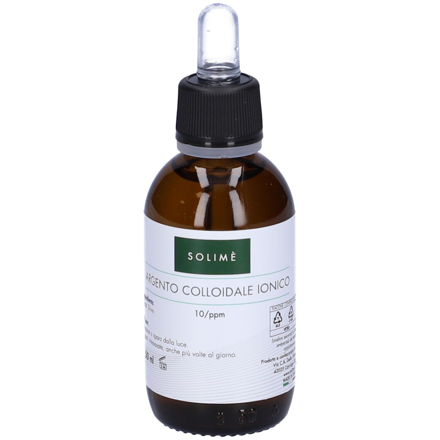 Flacone di vetro marrone con tappo nero e pipetta. Etichetta con testo: Argento Colloidale Ionico. 10/ppm. Solimè.