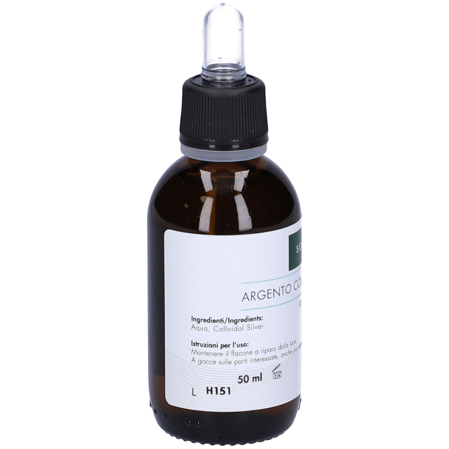 Flacone di vetro marrone con tappo nero e pipetta. Etichetta con testo: Argento Colloidale Ionico. 10/ppm. Solimè.