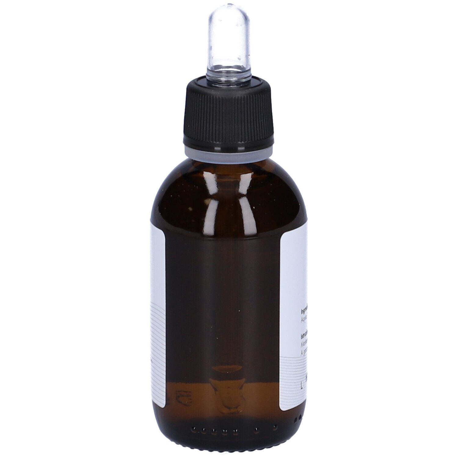 Flacone di vetro marrone con tappo nero e pipetta. Etichetta con testo: Argento Colloidale Ionico. 10/ppm. Solimè.