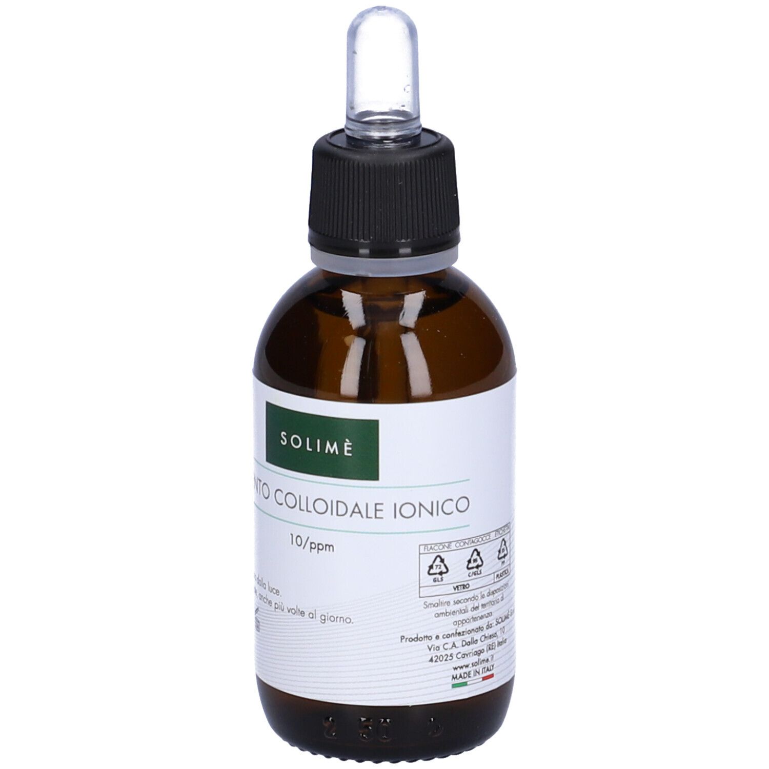 Flacone di vetro marrone con tappo nero e pipetta. Etichetta con testo: Argento Colloidale Ionico. 10/ppm. Solimè.