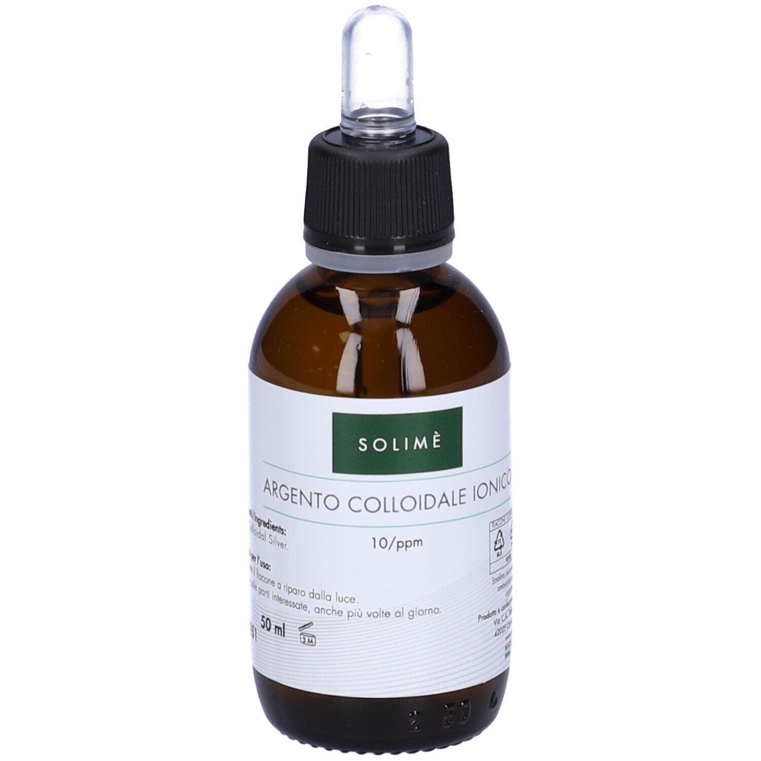 Flacone di vetro marrone con tappo nero e pipetta. Etichetta con testo: Argento Colloidale Ionico. 10/ppm. Solimè.
