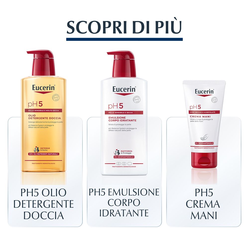 Tre prodotti Eucerin pH5. pH5 Olio doccia, pH5 Emulsione corpo, pH5 Crema mani. Tappi rossi.