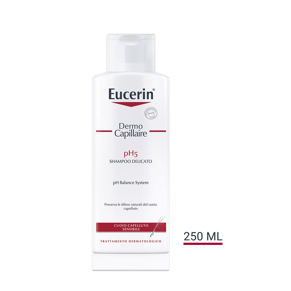 Eucerin DermoCapillaire pH5 Shampoo. Flacone bianco, 250 ml. Scritte rosse e nere.