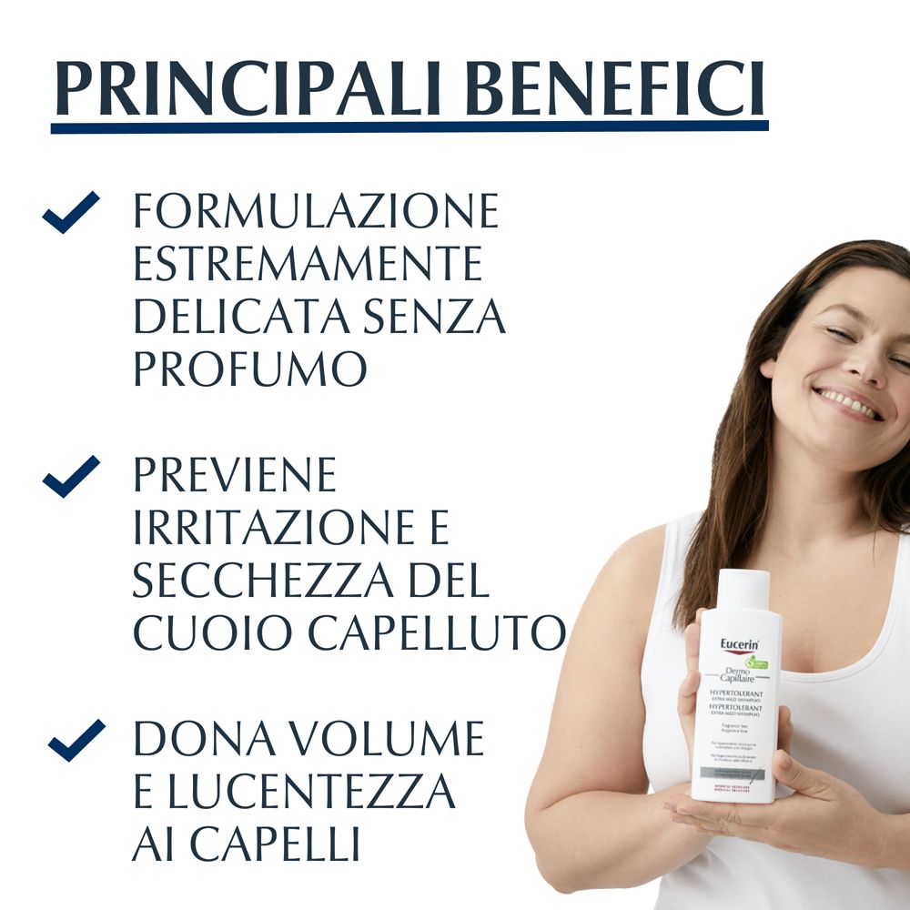 Testo con vantaggi: Senza profumo, previene irritazioni, dona volume. Flacone di shampoo Eucerin.