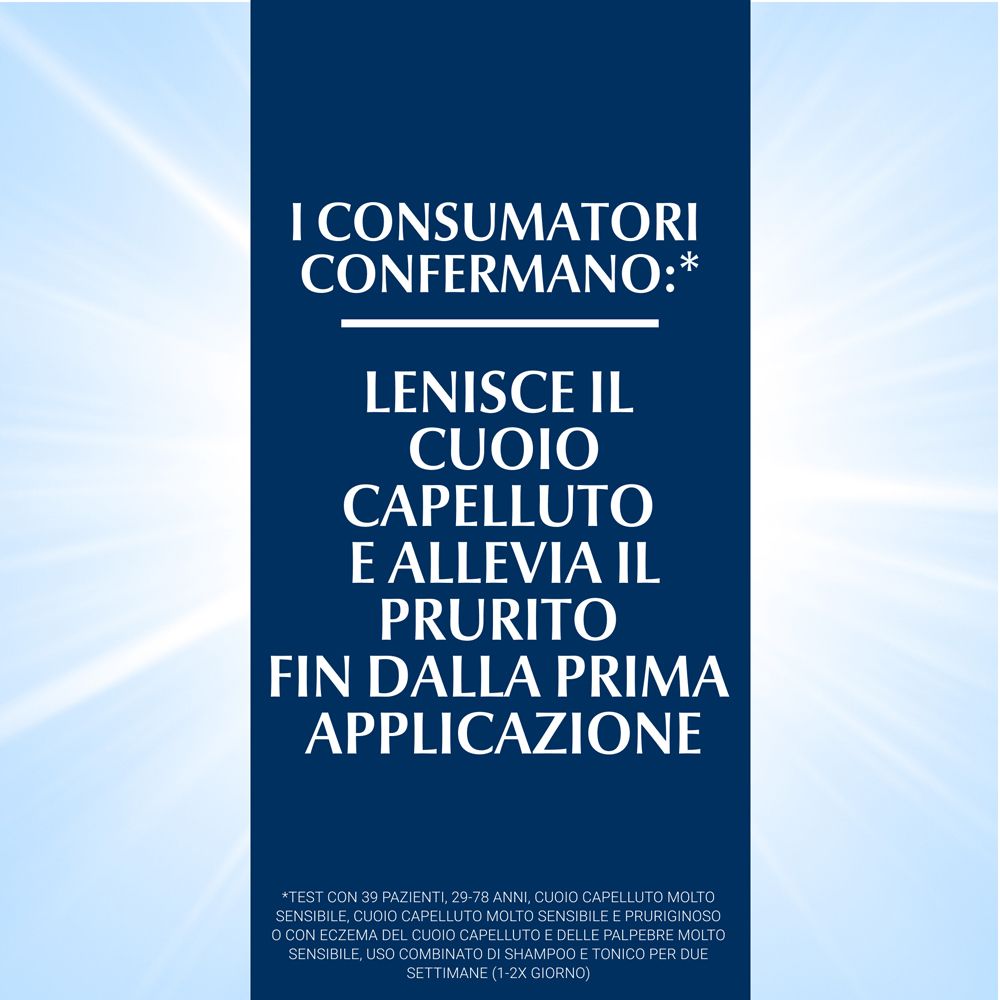 Testo: Leviga il cuoio capelluto, allevia il prurito dalla prima applicazione. Sfondo blu.