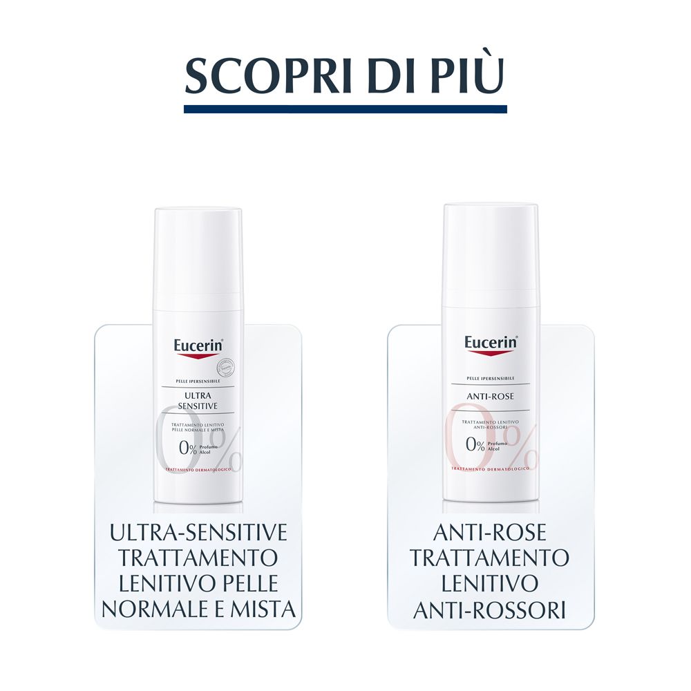 Due prodotti Eucerin: Ultra-Sensitive e Anti-Rose. Flaconi bianchi con etichette.