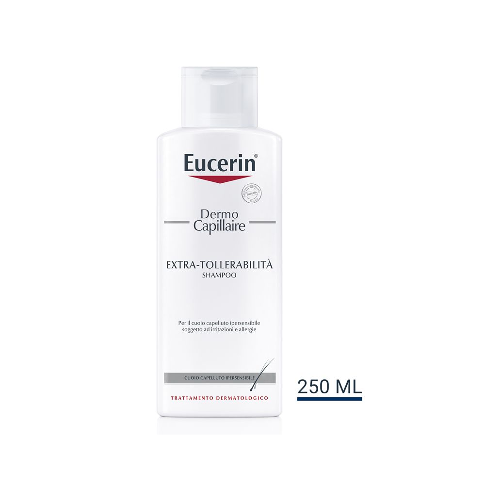 Eucerin Dermo Capillaire Shampoo Extratollerierbarkeit. Flacone bianco con 250 ml.