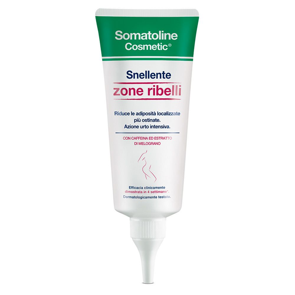 Tubo bianco e verde con testo. Scritto: Somatoline Cosmetic, Snellente zone ribelli. Contiene caffeina ed estratto di melograno.