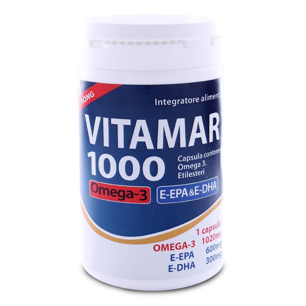 Flacone bianco con etichetta blu. Scritta: Vitamar 1000, Omega-3, E-EPA & E-DHA. Capsule.