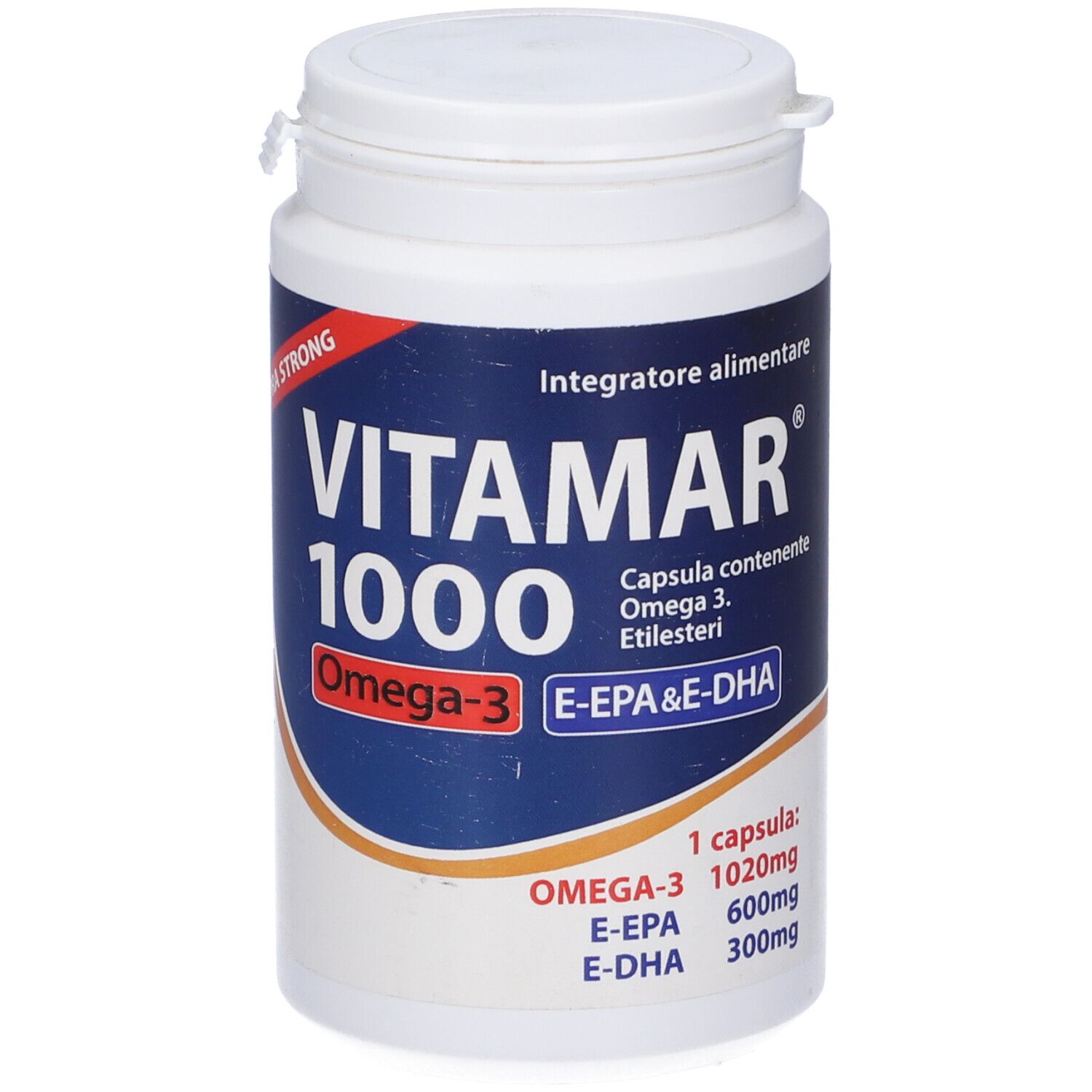 Flacone bianco con etichetta blu. Scritta: Vitamar 1000, Omega-3, E-EPA & E-DHA. Capsule.