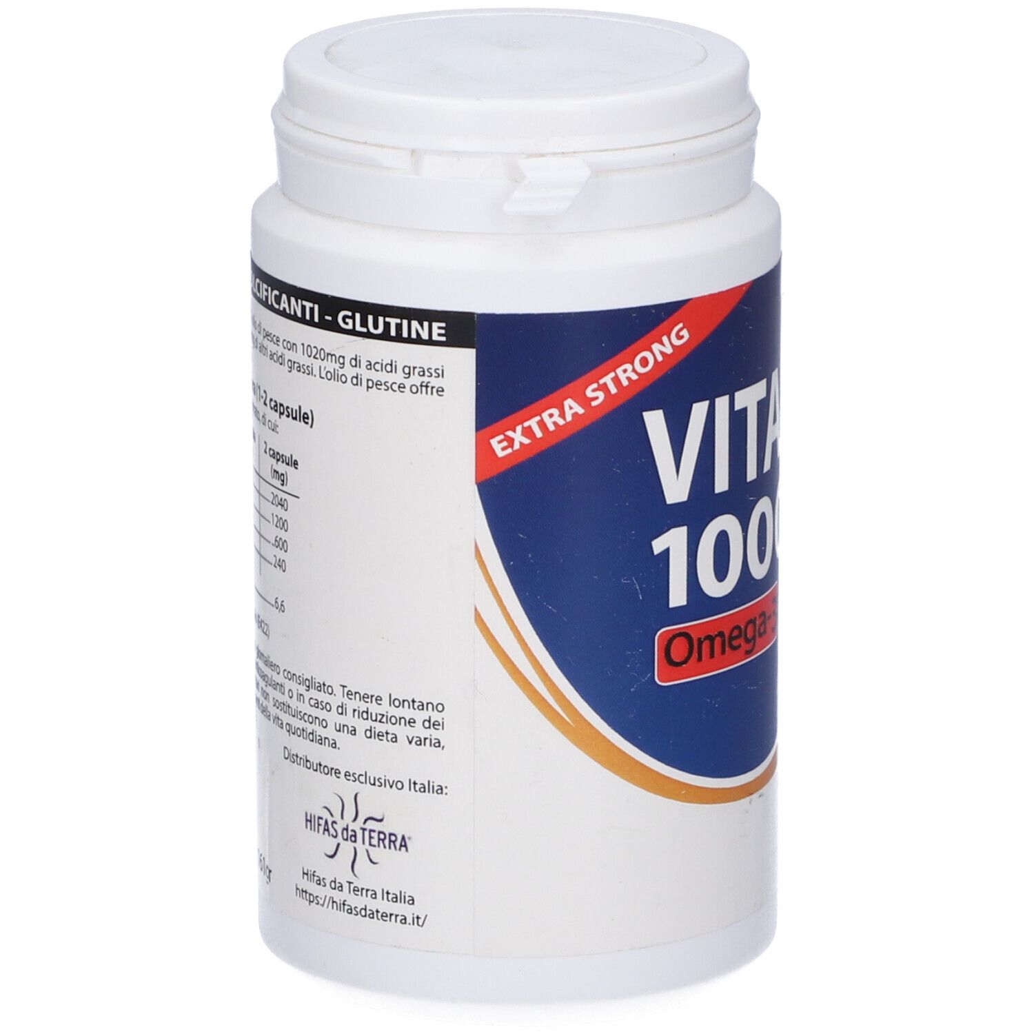 Flacone bianco con etichetta blu. Scritta: Vitamar 1000, Omega-3, E-EPA & E-DHA. Capsule.