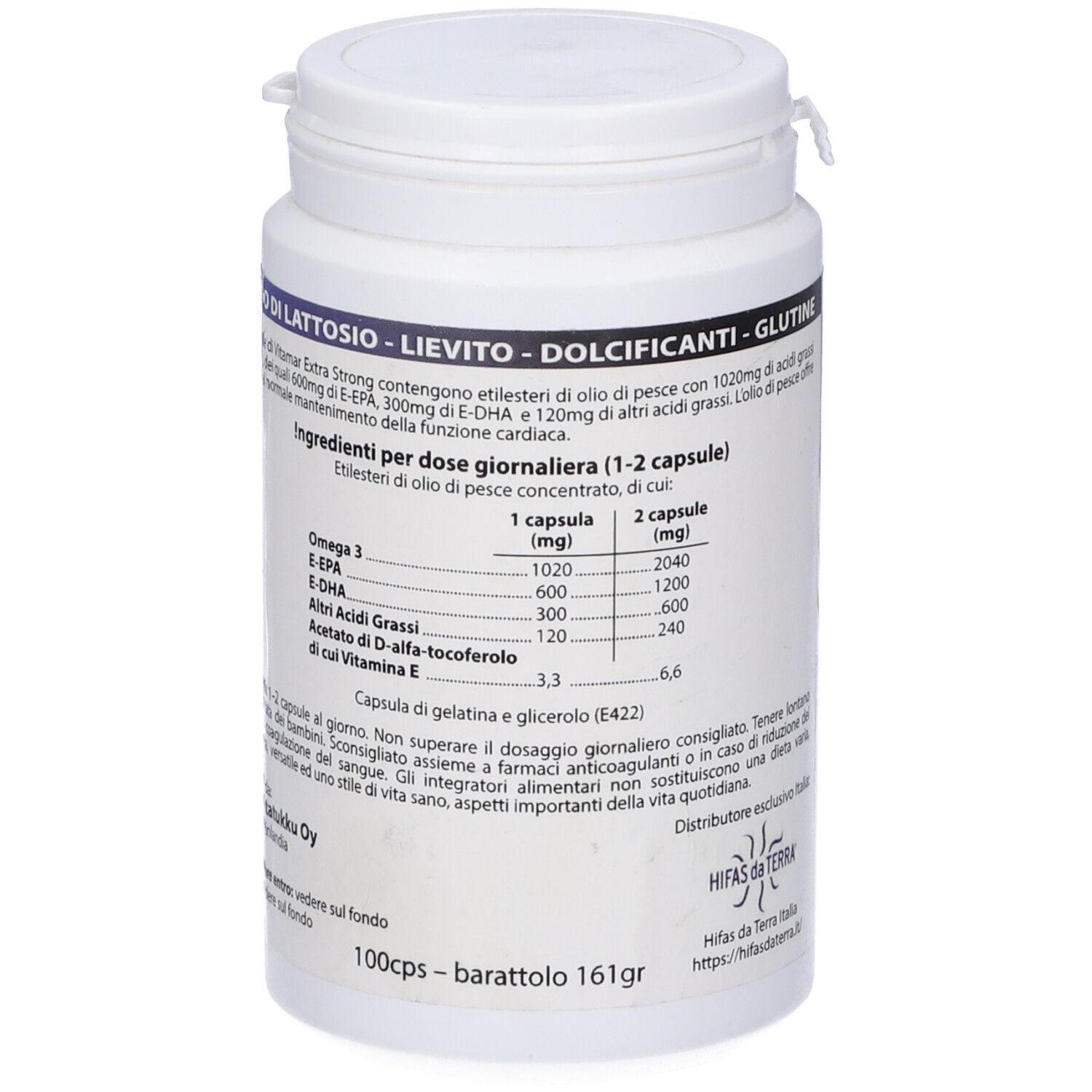 Flacone bianco con etichetta blu. Scritta: Vitamar 1000, Omega-3, E-EPA & E-DHA. Capsule.
