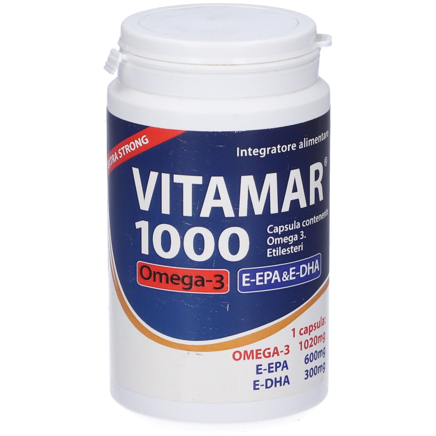 Flacone bianco con etichetta blu. Scritta: Vitamar 1000, Omega-3, E-EPA & E-DHA. Capsule.