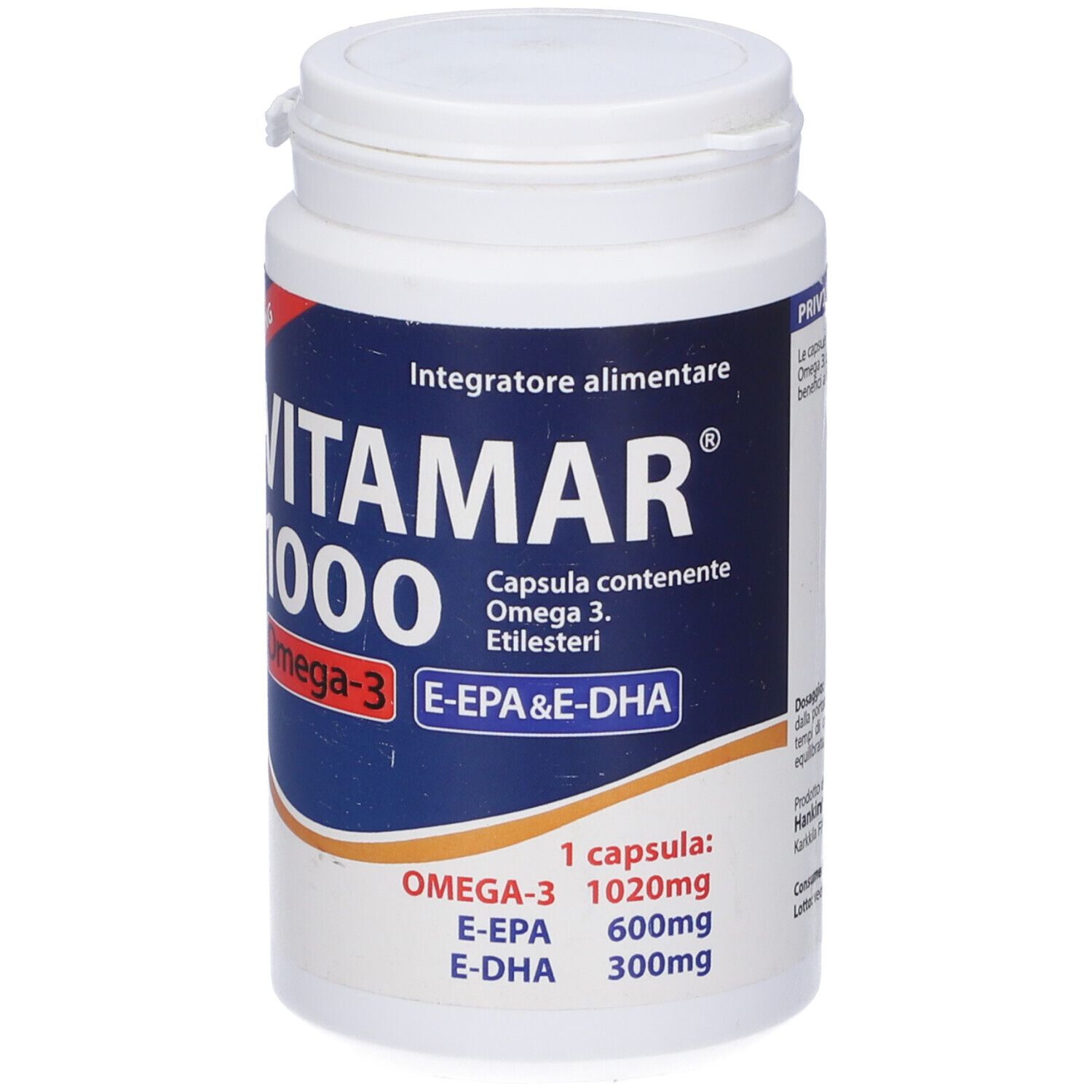 Flacone bianco con etichetta blu. Scritta: Vitamar 1000, Omega-3, E-EPA & E-DHA. Capsule.