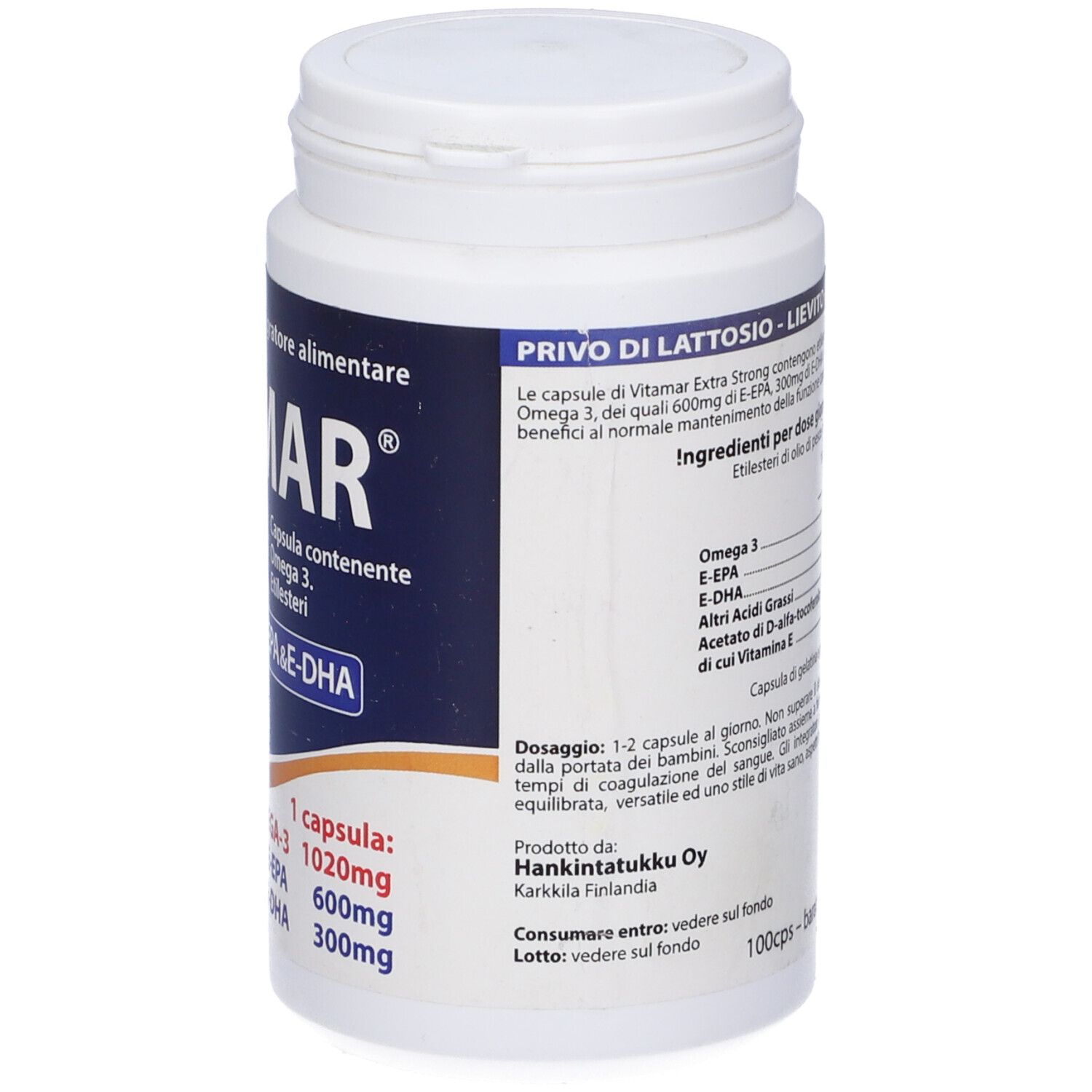 Flacone bianco con etichetta blu. Scritta: Vitamar 1000, Omega-3, E-EPA & E-DHA. Capsule.