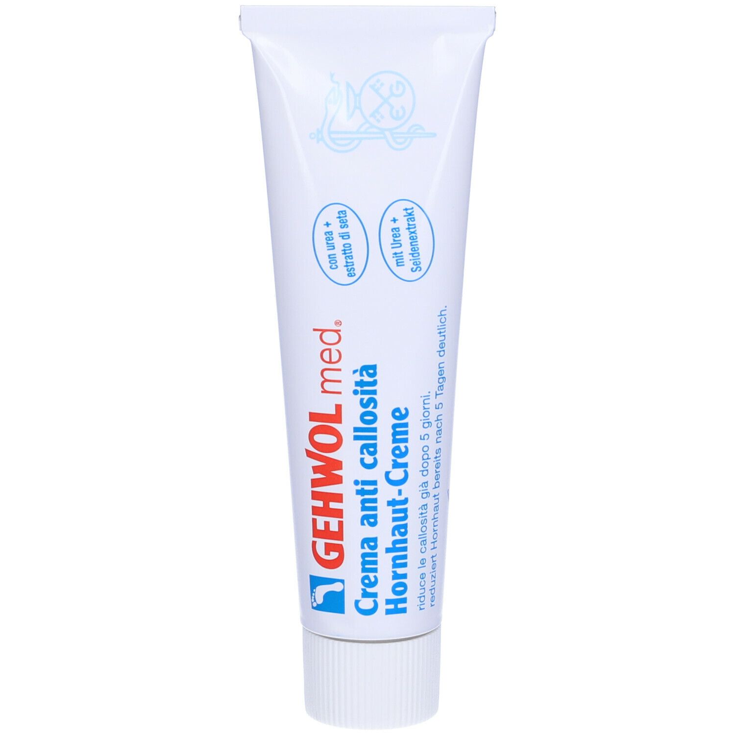 Tubo di crema bianco, testo blu. Scritto: GEHWOL med. Hornhaut-Creme. Con urea ed estratto di seta.