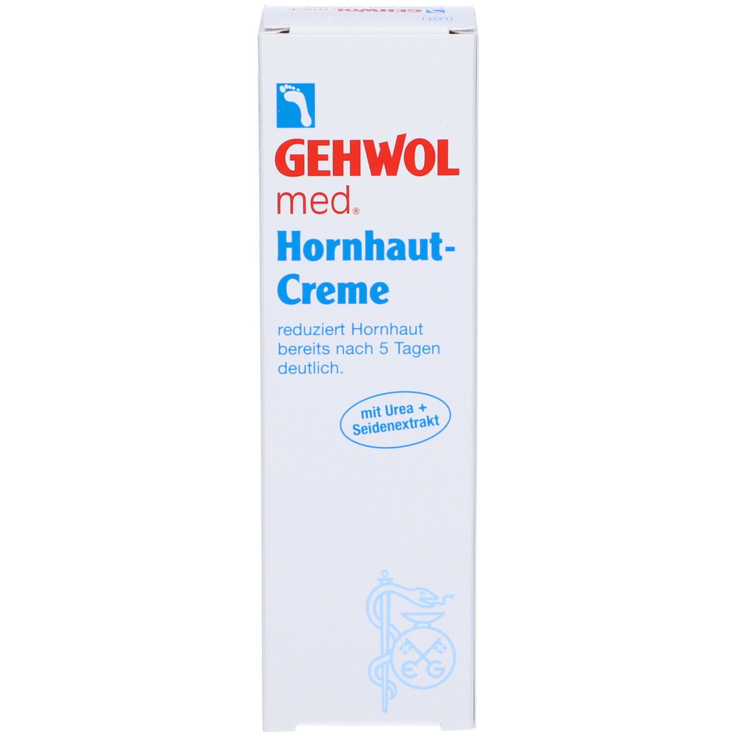Scatola bianca con testo blu. Scritto: GEHWOL med. Hornhaut-Creme. Con urea ed estratto di seta.
