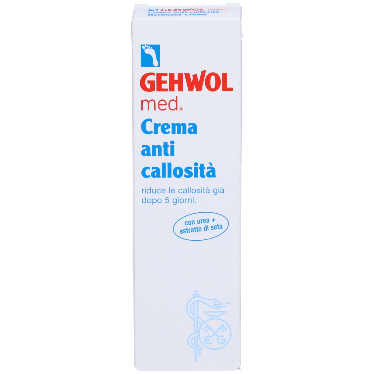 Scatola bianca con testo blu. Scritto: GEHWOL med. Crema anti callosità. Con urea ed estratto di seta.